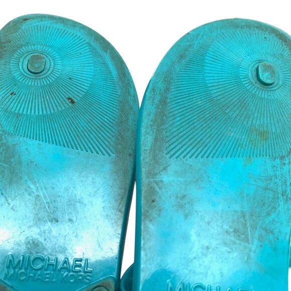 Michael Kors Teal Blue Gold Logo Thongs Sandals Flip Flops Shoes Flats sz 6 - Picture 12 of 16